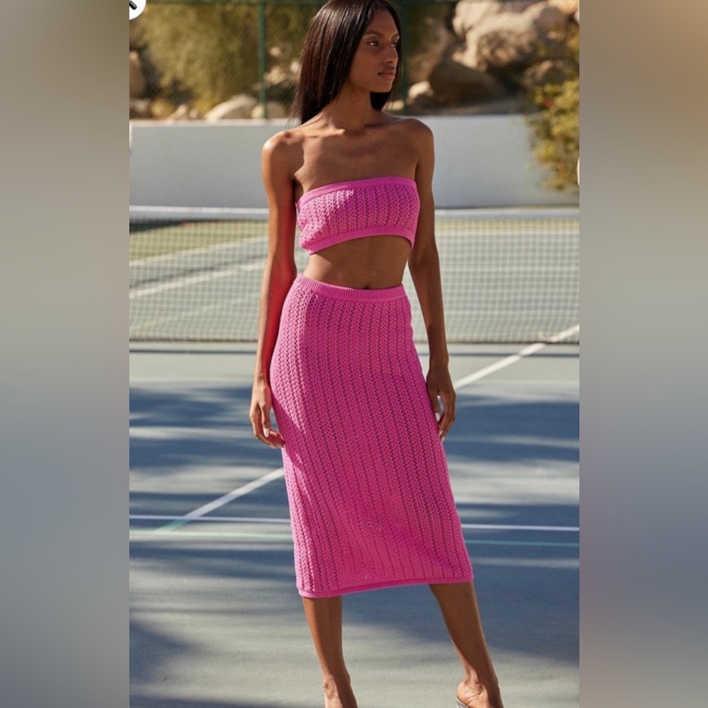 MISA LA SEE NOTES Tia top and bottom flamingo pink crochet 2 piece set LARGE NWT